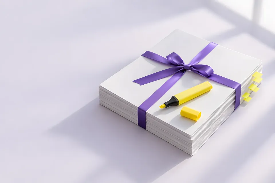 A stack of documents with a violet band and a yellow highlighter
